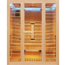 Innenansicht einer Infrarotsauna mit Holzelementen und Glasfront