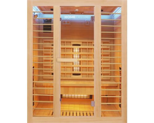 Innenansicht einer Infrarotsauna mit Holzelementen und Glasfront