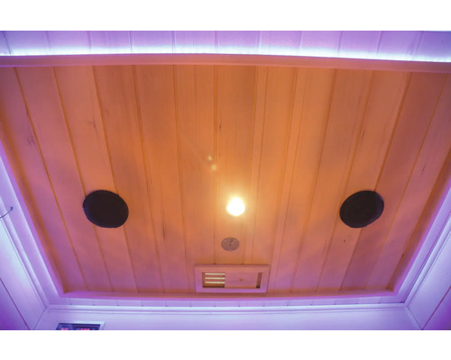 Decke einer Sauna mit Lautsprechern und Beleuchtung
