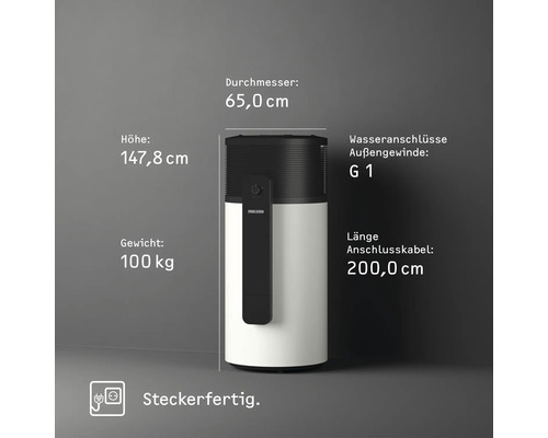 Warmwasserspeicher mit den Maßen 65,0 cm Durchmesser, 147,8 cm Höhe, 100 kg Gewicht, G 1 Wasseranschlüsse Außengewinde und 200,0 cm Länge Anschlusskabel