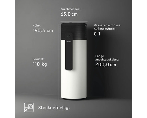 Abgebildet ist ein Warmwasserspeicher mit den Maßen: Höhe 190,3 cm, Durchmesser 65,0 cm, Gewicht 110 kg, Wasseranschlüsse Außengewinde G 1, Länge Anschlusskabel 200,0 cm. Steckerfertig.