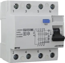 Fehlerstrom-Schutzschalter mit Testtaste und Ein- beziehungsweise Ausschalter
