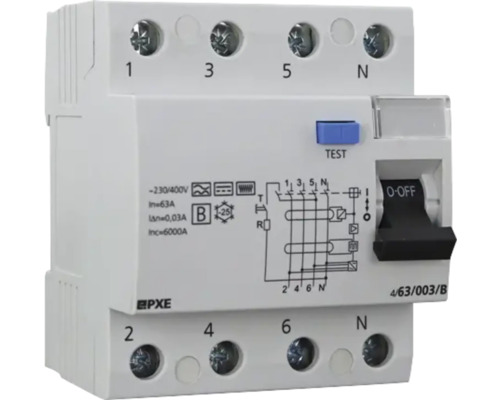Fehlerstrom-Schutzschalter mit Testtaste und Ein- beziehungsweise Ausschalter