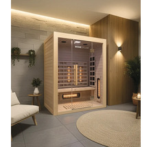 Innenraumansicht einer Home Deluxe Sauna mit Glasfront, Holzverkleidung und Infrarotstrahlern