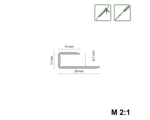 Profilquerschnitt mit Maßen und Symbolen zur Montage
