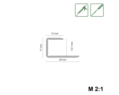 Technische Zeichnung eines Treppenkantenprofils mit Maßangaben