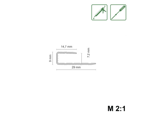 Profilquerschnitt mit Maßangaben für Montage mit Klebstoff oder Schrauben