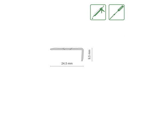Profilquerschnitt mit Maßangaben 24,5 mm und 9,5 mm sowie Symbole für Montage mit Klebstoff und Schrauben