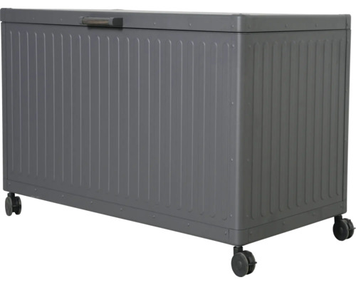 Graue Aufbewahrungsbox aus Metall mit Rädern und Griff am Deckel