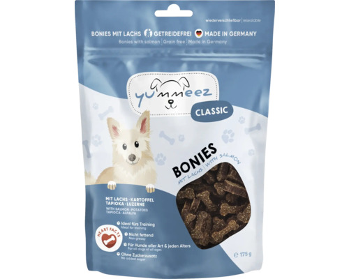 Yummeez Bonies mit Lachs, getreidefreie Hundesnacks im wiederverschließbaren Beutel