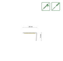 Profilzeichnung einer Treppenkante mit den Maßen 24 Millimeter und 14 Millimeter sowie Symbole zur Befestigung mit Kleber oder Schrauben