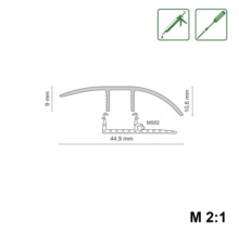 Technische Zeichnung eines Übergangsprofils mit den Maßen 44,9 Millimeter Breite, 9 Millimeter und 10,6 Millimeter Höhe