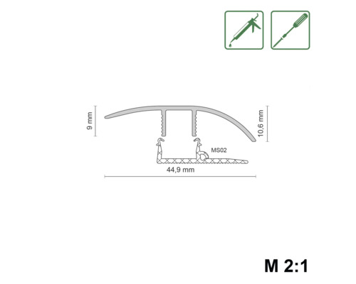 Technische Zeichnung eines Übergangsprofils mit den Maßen 44,9 Millimeter Breite, 9 Millimeter und 10,6 Millimeter Höhe