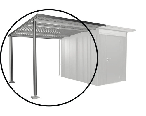 Detailansicht eines Carports mit Stahlpfosten und Metalldach
