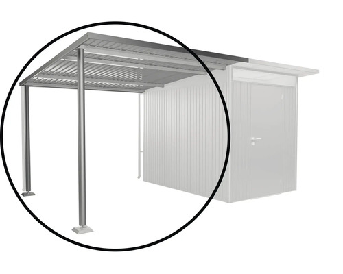 Metallcarport mit Säulen und Dach neben einem Gartenhaus