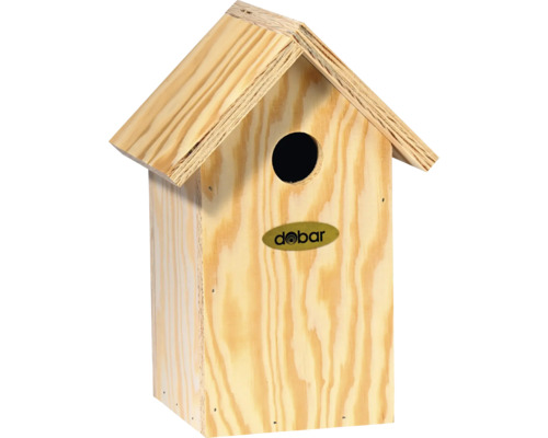 Vogelhaus aus Holz mit rundem Eingangsloch und Dobar Logo