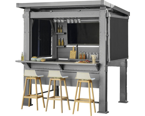 Grauer Outdoor-Bartresen mit drei Barhockern, Fernseher und Getränkehalter.
