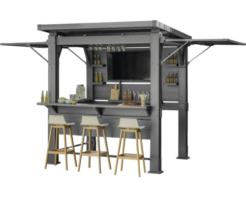 Grauer Outdoor Bar Pavillon mit drei Barhockern