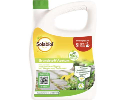 Solabiol Grundstoff Acetum Unkrautbekämpfungsmittel in einer weißen Flasche mit grünem Deckel