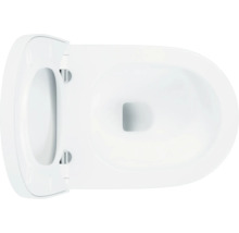 Weiße Toilette mit offenem Toilettendeckel von oben