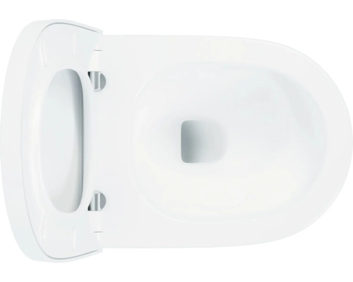 Weiße Toilette mit offenem Toilettendeckel von oben
