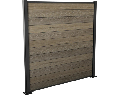 Sichtschutzzaun aus Holzimitat mit schwarzem Rahmen