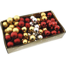 Kiste mit Christbaumkugeln in Gold, Rot und Silber
