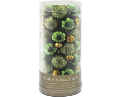 Christbamkugeln Glas Ø 2,5 cm 35-teilig grün Echter Glasschmuck in grünen Farbtönen in einer transparenten Verpackung.