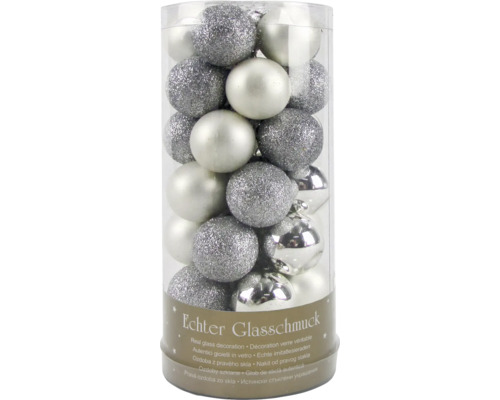 Christbaumkugeln Glas 35-teilig silber matt Weihnachtsbaumkugeln aus Glas mit silberfarbener Oberfläche im Behälter