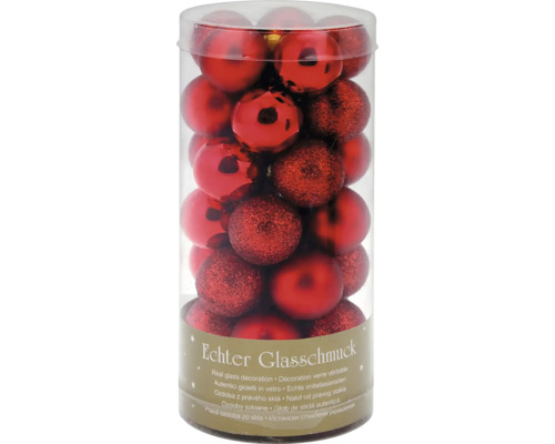 Christbamkugeln Glas Ø 2,5 cm 35-teilig rot Set rote Christbaumkugeln aus Glas in transparenter Verpackung