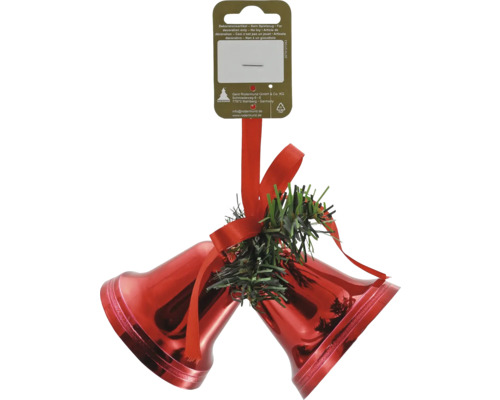 Weihnachtsbaumanhänger Doppelglocke Kunststoff rot grün weiß Weihnachtsdekoration mit zwei roten Glöckchen, Schleife und Tannenzweigen