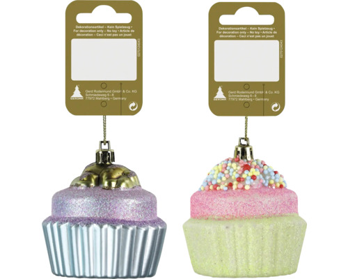 Weihnachtsbaumanhänger Cupcake Kunststoff Ø 7,5 cm rosa weiß grün blau zufällige Motivauswahl Zwei dekorative Cupcake-Anhänger für den Innenbereich