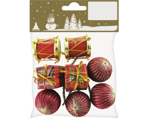 Weihnachtsdekoration Bastelset 8-teilig Geschenke & Kugeln Kunststoff rot gold Verpackung mit Christbaumschmuck bestehend aus Trommeln, Geschenken und Kugeln