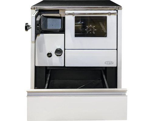 Holzherd mit geöffneter Ofentür und Sichtfenster zur Temperaturanzeige.