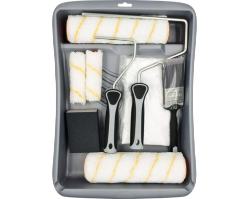 Farbeimer-Set mit Farbrollern, Pinsel, Schleifklotz und Abdeckfolie