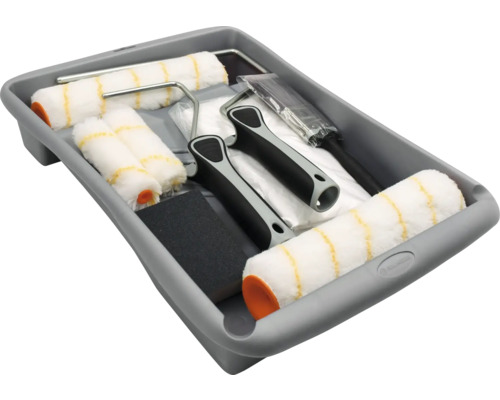 Maler-Set mit Farbroller, Pinsel, Schleifpapier und Farbwanne