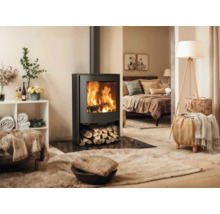 Wohnzimmer mit Kaminofen, Holzregal und Dekoration