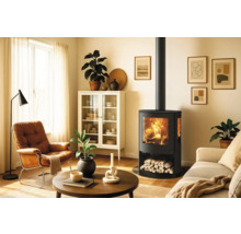 Wohnzimmer mit Kaminofen, Sessel und Sofa in heller Atmosphäre.