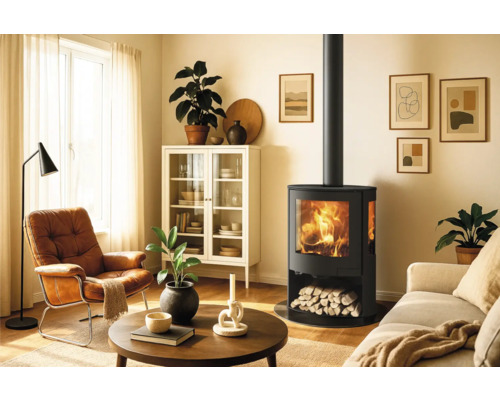 Wohnzimmer mit Kaminofen, Sessel und Sofa in heller Atmosphäre.