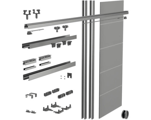 Schiebetürsystem mit Schiene, Rollen und Befestigungsmaterial.