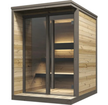 Moderne Außensauna aus Holz mit großer Glasfront und beleuchteten Bänken im Innenbereich.