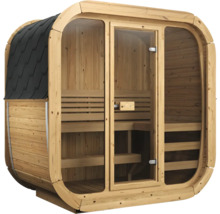 Moderne Außensauna aus Holz mit großer Glasfront und Schindeldach. Innenraum mit zweistufigen Holzbänken.