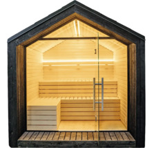 Moderne Gartensauna mit Satteldach, Glasfront, mehrstufigen Holzbänken und integrierter Beleuchtung.