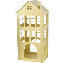 Dekoratives Haus aus Metall mit Fensteröffnungen und einem Eingangsbogen