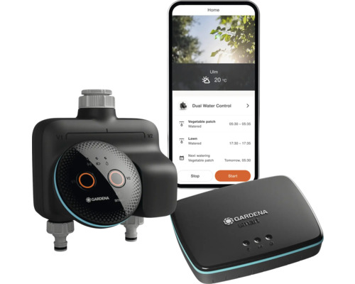 Gardena Smart System bestehend aus Steuerzentrale, Sensor und App zur Gartenbewässerung