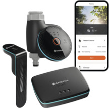 Gardena Smart System mit Bewässerungssteuerung, Sensor und Gateway sowie Smartphone mit App-Anzeige