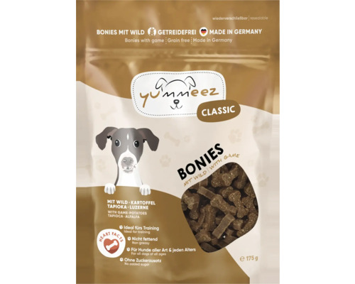 Hundesnack yummeez Wild 175 g Hundeleckerli, Trainingssnack, getreidefrei, ohne Zucker Yummeez Classic Bonies mit Wild Hundesnack, getreidefrei und wiederverschliessbar