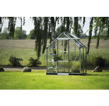 Gewächshaus mit Regalen im Garten