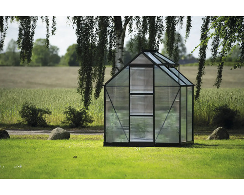 Gewächshaus im Garten mit Glaswänden und Metallrahmen