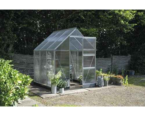 Gewächshaus im Garten mit Pflanzen und Dekoration